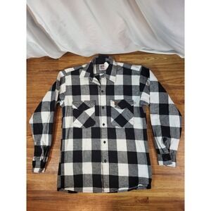 Vintage Flannel Shirt Mens S Buffalo Plaid Black White Work Lumberjack USA Retro